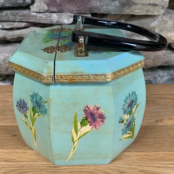 VTG Wood Decoupage Purse Floral 60s 70s Pearlized Handle Felt Lined - Picture 5 of 12